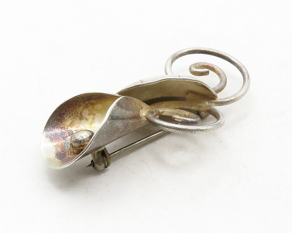 925 Sterling Silver  Vintage Dark Tone Sculpted Flower Swirl Brooch Pin BP4757