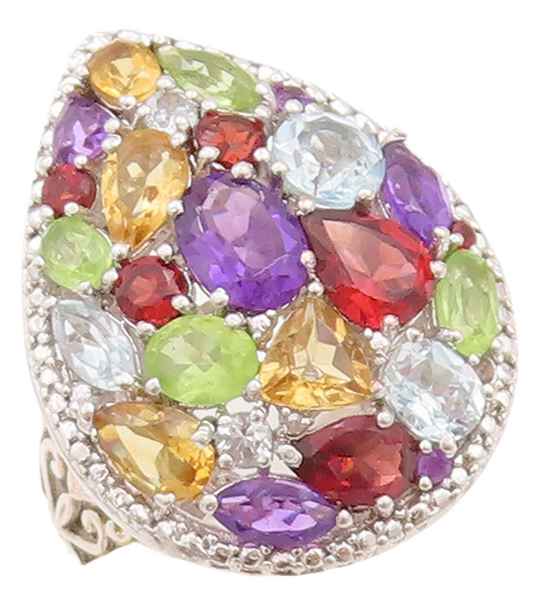 925 Sterling Silver Vintage Ring Drop Cutout Multi Color Topaz  Sz 8  RG28714