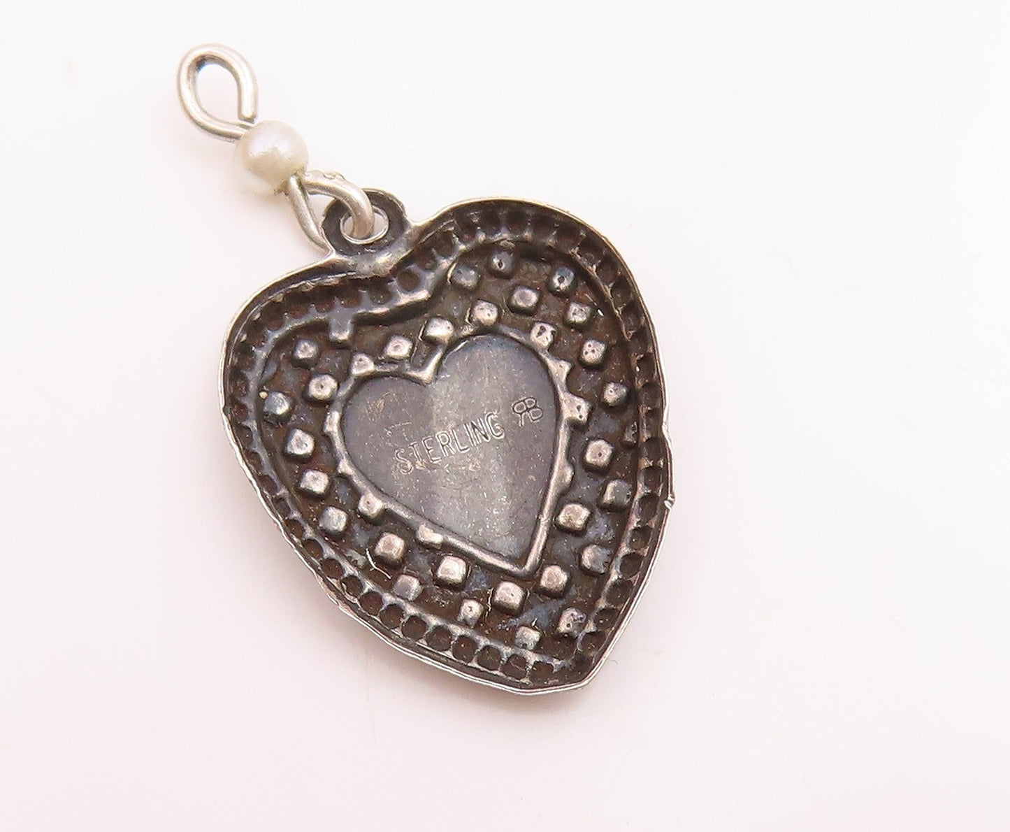 925 Sterling Silver Vintage Petite Pearl Checkered Love Heart Pendant  PT16472