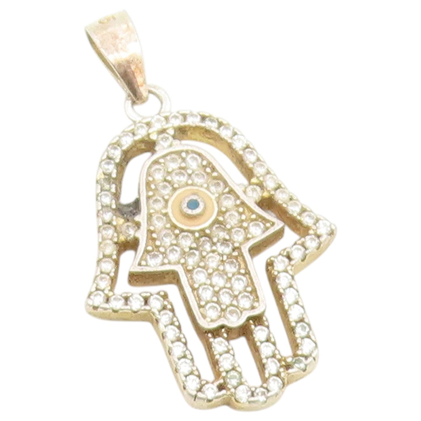 925 Sterling Silver Vintage Pendant CZ Hamsa Evil Eye Protection Charm  PT26552