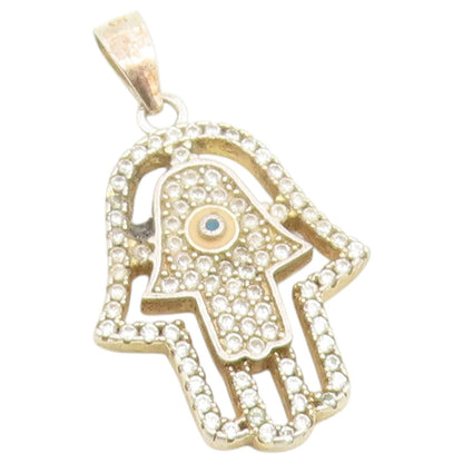 925 Sterling Silver Vintage Pendant CZ Hamsa Evil Eye Protection Charm  PT26552