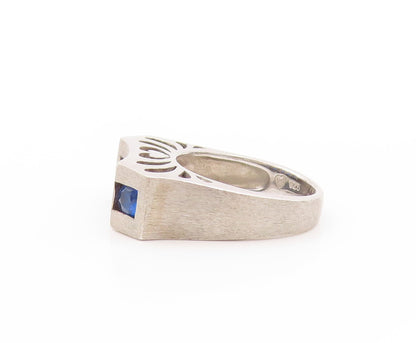 925 Sterling Silver Vintage Ring Round Dark Blue CZ Inlay  Sz 5  RG32787
