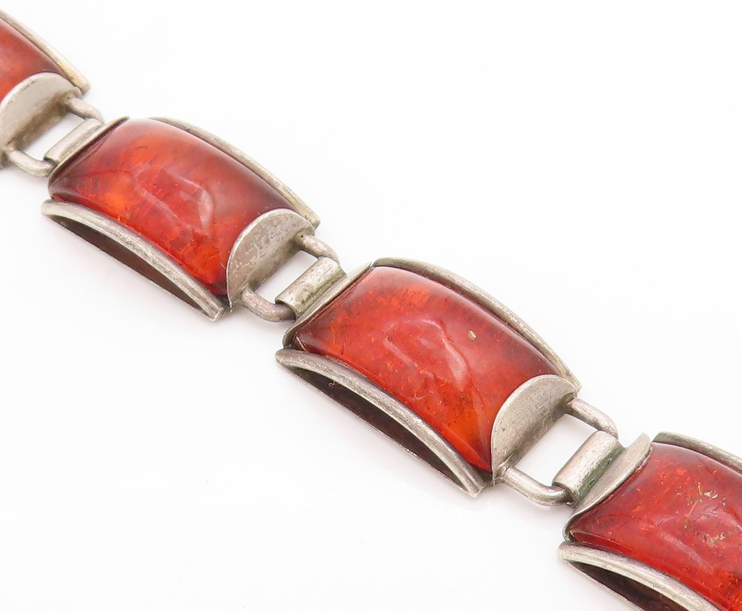 925 Sterling Silver Vintage Bracelet Classic Honey Amber Geometric Link  BT11851
