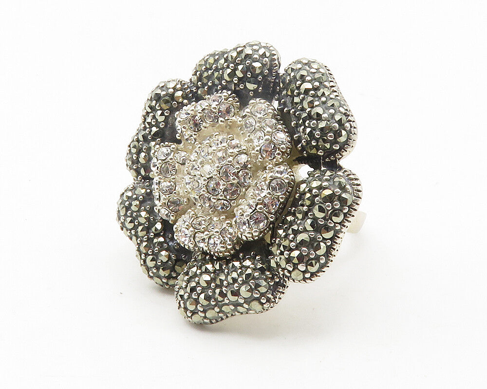925 Sterling Silver  Cubic Zirconia & Marcasite Cocktail Ring Sz 7  RG11779