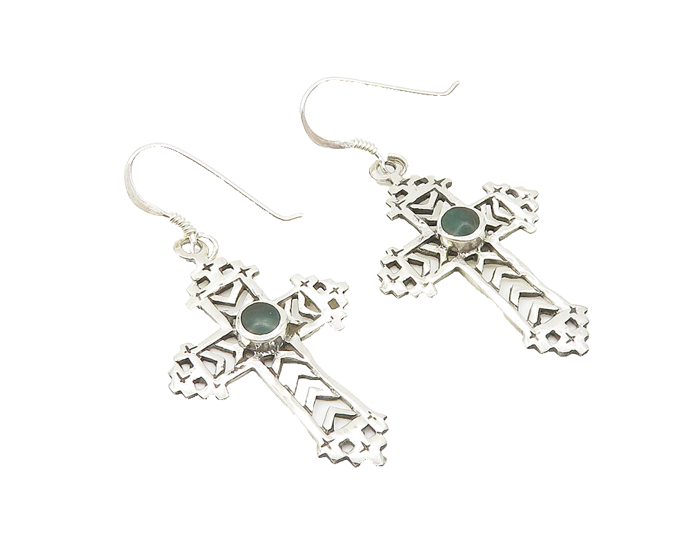 925 Sterling Silver  Shiny Inlaid Jasper Religious Cross Drop Earrings  EG5725