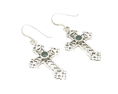 925 Sterling Silver  Shiny Inlaid Jasper Religious Cross Drop Earrings  EG5725