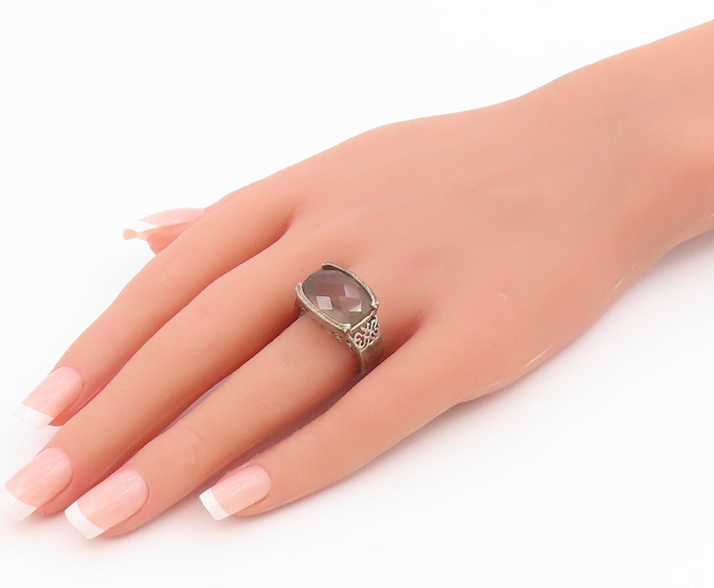 925 Sterling Silver Vintage Ring Smoky Quartz Statement Band  Sz 7  RG36421