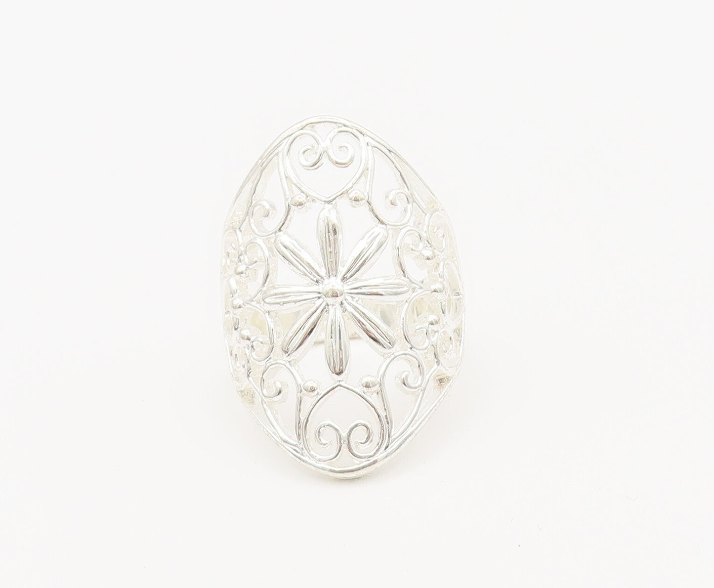 925 Sterling Silver Vintage Ring Swirly Floral Cutout Broad Sz 8.5  RG27948