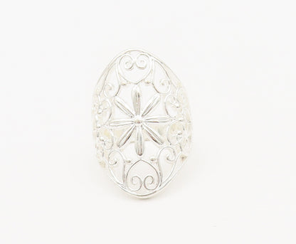 925 Sterling Silver Vintage Ring Swirly Floral Cutout Broad Sz 8.5  RG27948