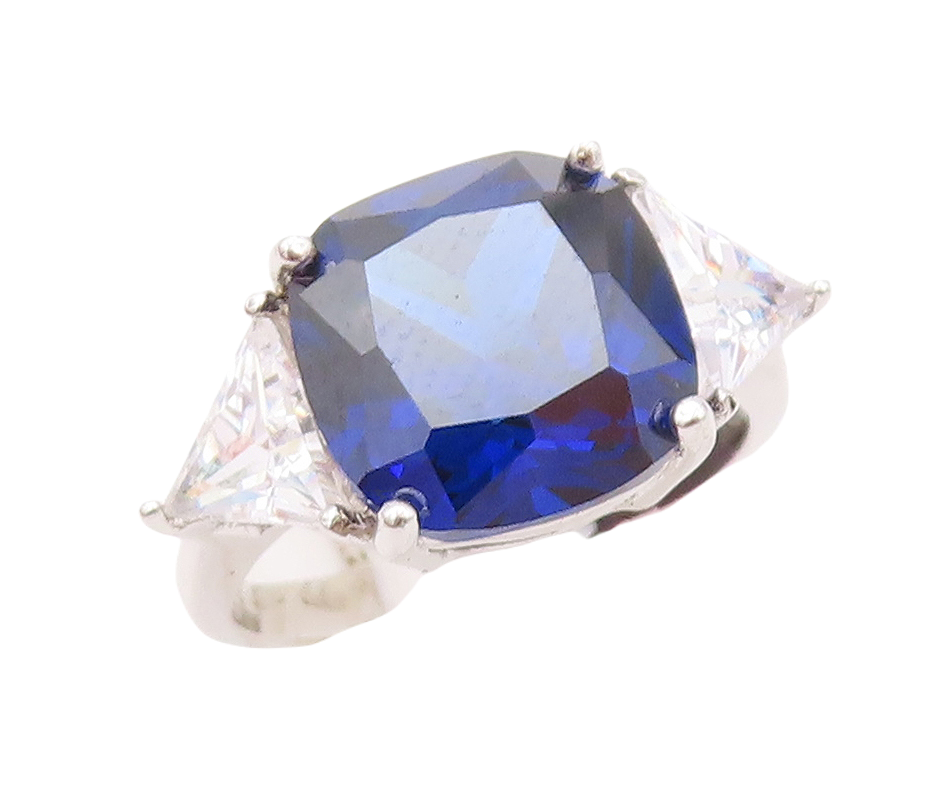 925 Sterling Silver Vintage Ring Square Sapphire & Triangle CZ Sz 7.5  RG30329