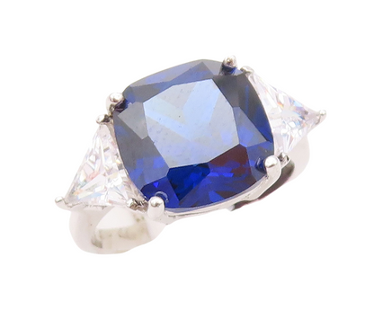 925 Sterling Silver Vintage Ring Square Sapphire & Triangle CZ Sz 7.5  RG30329