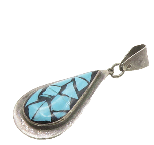 ISRAEL 925 Sterling Silver  Vintage Turquoise Mosaic Drop Pendant  PT13651