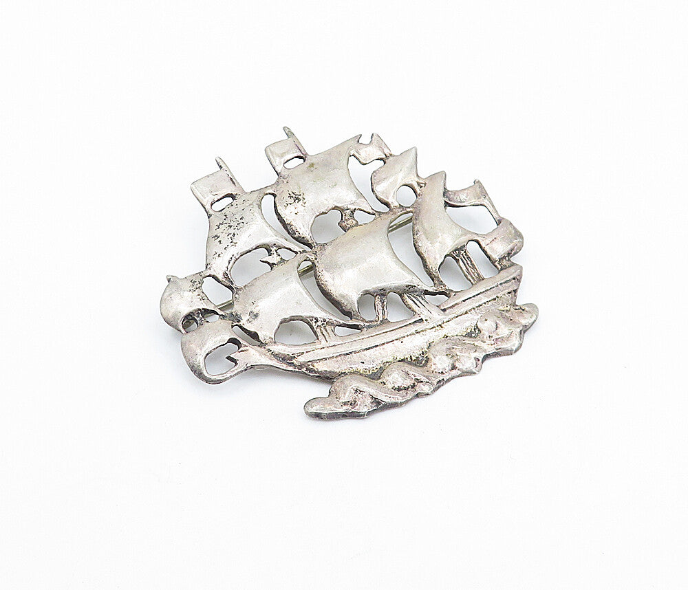 925 Sterling Silver  Vintage Antique Brigantine Ship Motif Brooch Pin  BP1285