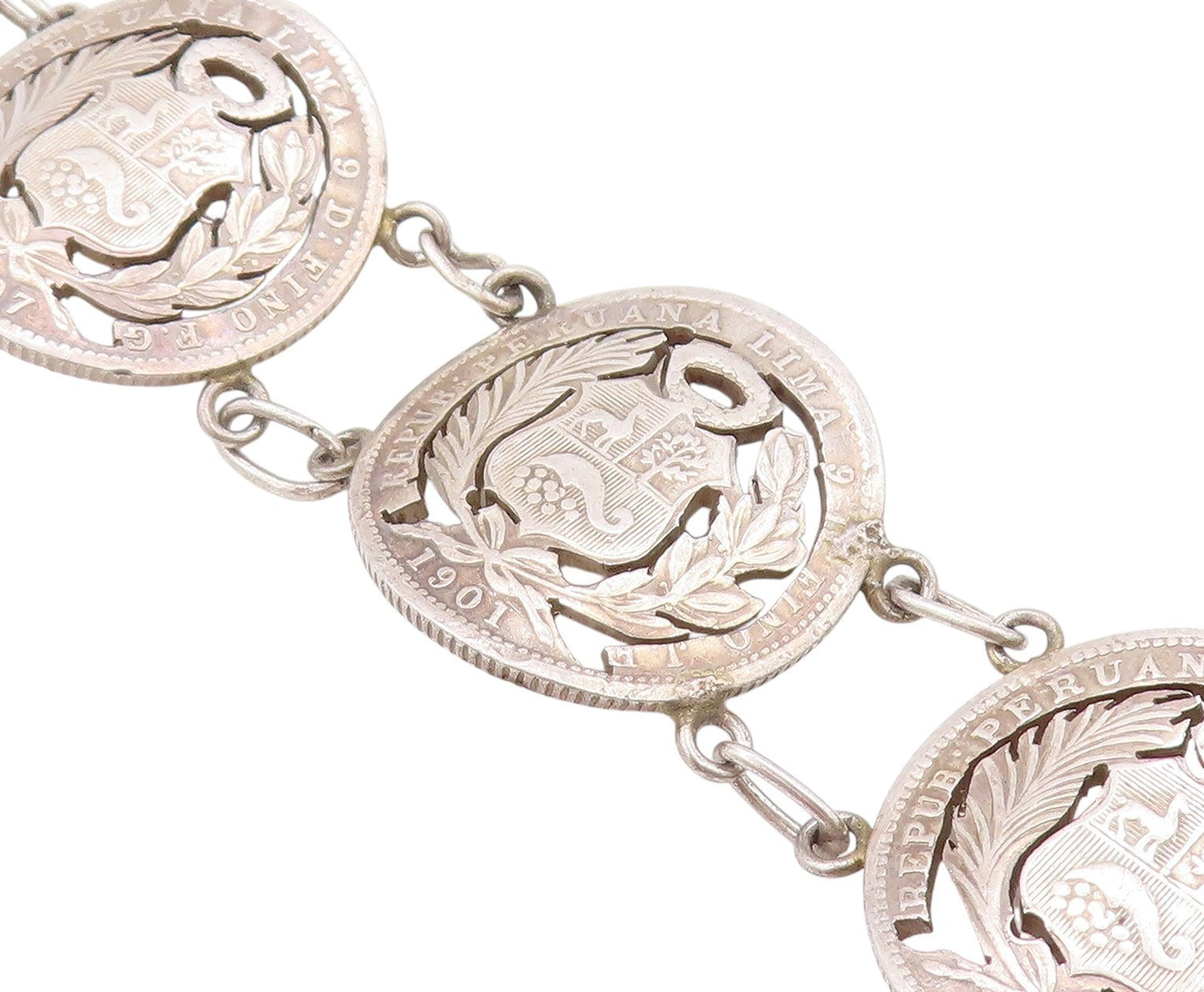 925 Sterling Silver Vintage Bracelet Antique Royal Peruana Coins   BT11264