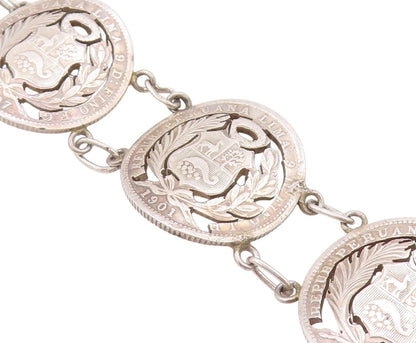 925 Sterling Silver Vintage Bracelet Antique Royal Peruana Coins   BT11264