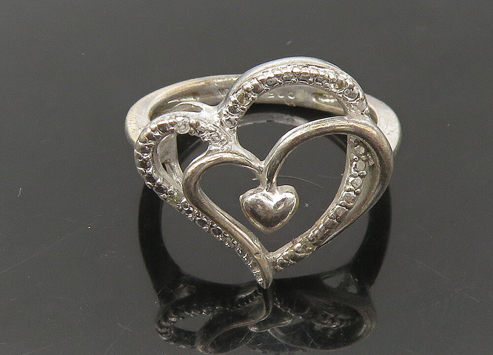 925 Sterling Silver  Vintage Genuine Diamonds Heart Band Ring Sz 7  RG22263