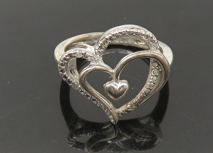 925 Sterling Silver  Vintage Genuine Diamonds Heart Band Ring Sz 7  RG22263
