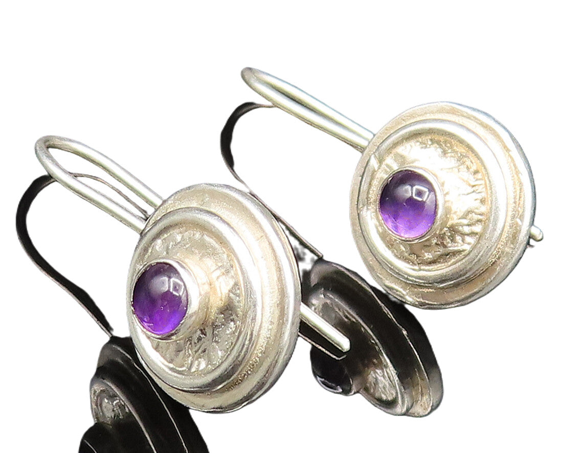 925 Sterling Silver  Vintage Cabochon Amethyst Round Spiral Earrings  EG11880