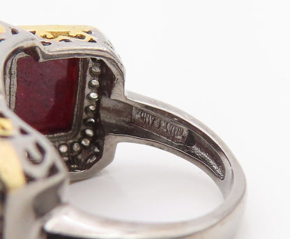 925 Sterling Silver Vintage Ring Diamonds Frame & Red Gemstones  Sz 5  RG30229