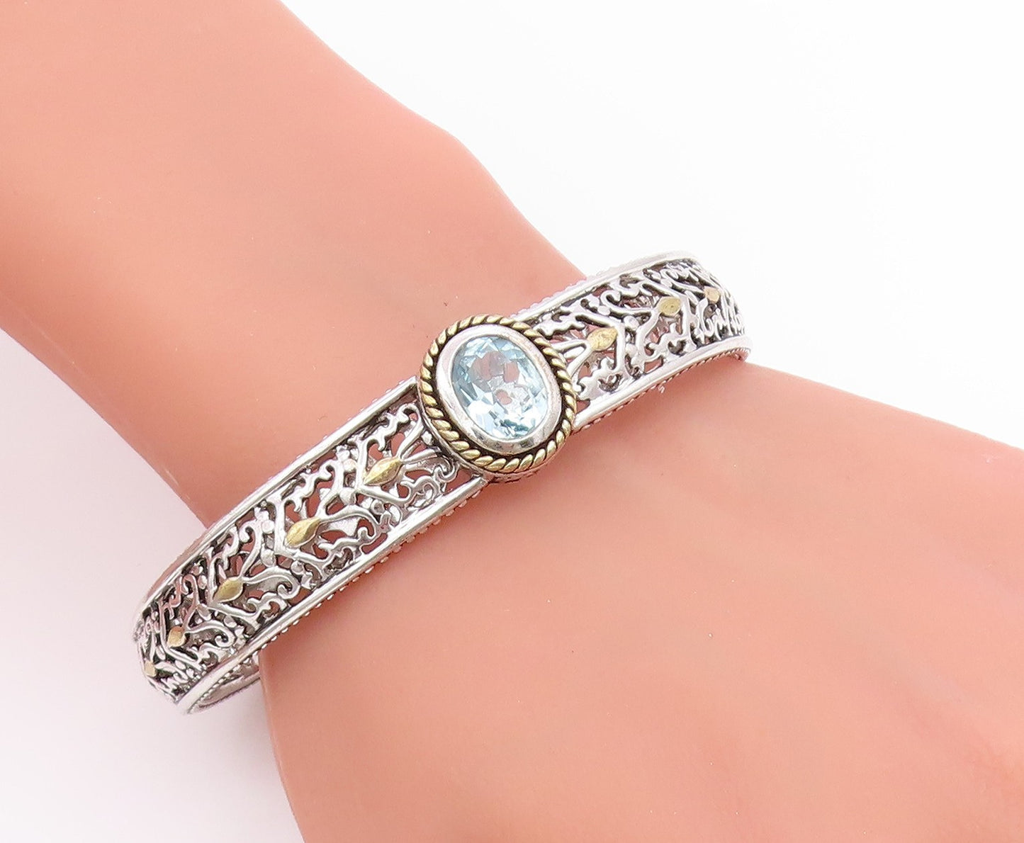 925 Sterling Silver Vintage Bracelet Two Tone Blue Topaz Openwork Cuff  BT11892