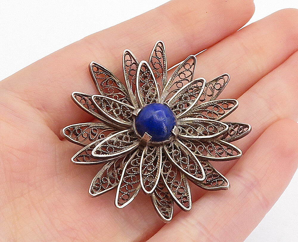 925 Sterling Silver  Vintage Lapis Lazuli Filigree Flower Brooch Pin  BP1646