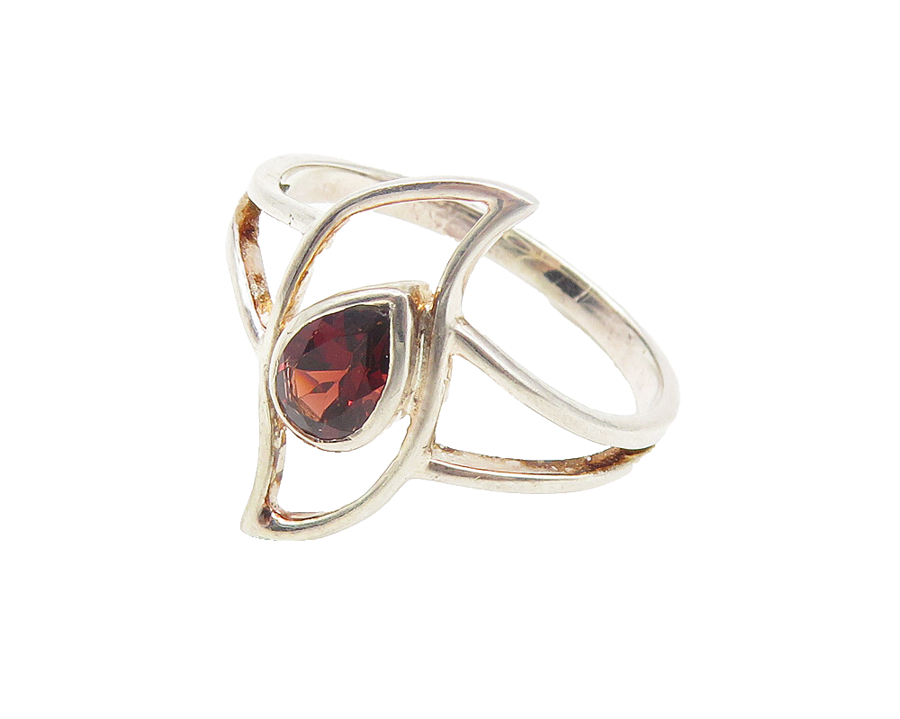 925 Sterling Silver  Tear Drop Garnet Open Design Band Ring Sz 8  RG10750