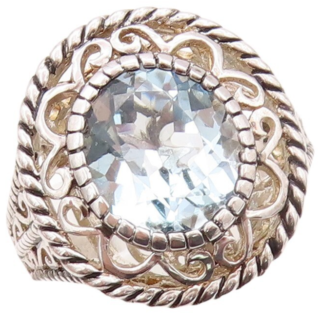 925 Sterling Silver Vintage Ring Swirly Floral Cutout Blue Topaz  Sz 7  RG30927