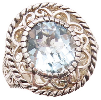 925 Sterling Silver Vintage Ring Swirly Floral Cutout Blue Topaz  Sz 7  RG30927