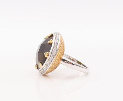 925 Sterling Silver Vintage Ring Round Cut Smoky Quartz Halo Topaz Sz 7  RG29314