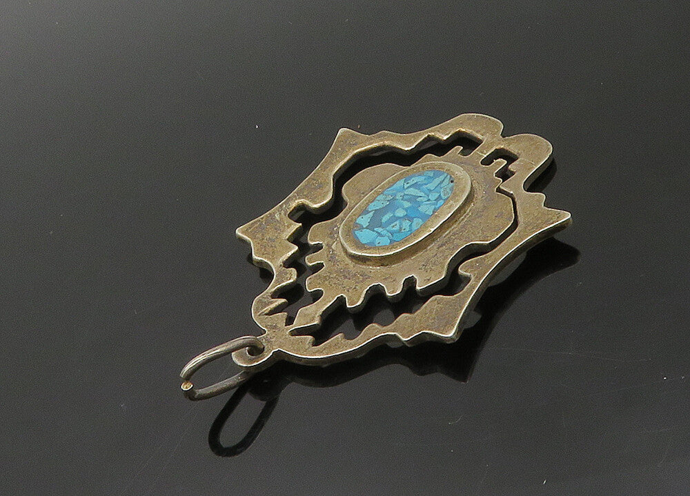 MEXICO 925 Sterling Silver  Vintage Crushed Turquoise Cutout Pendant  PT16484