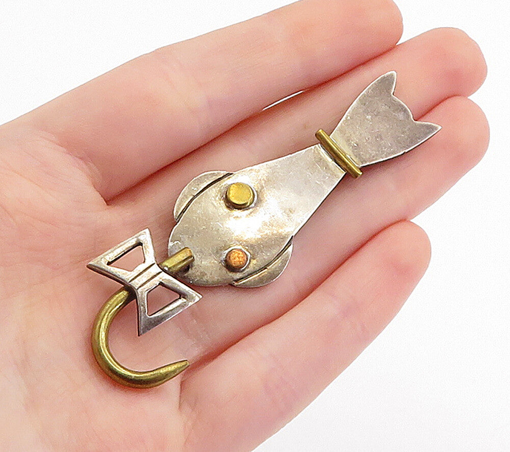 MEXICO 925 Sterling Silver  Vintage Two Tone Sitting Cat Brooch Pin  BP1895