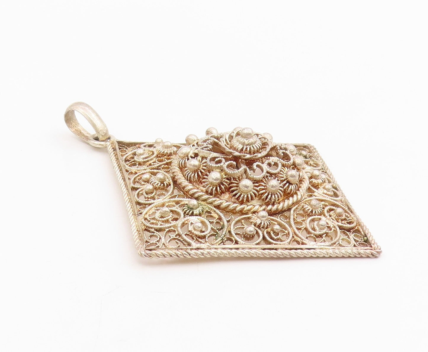 925 Sterling Silver Vintage Pendant TOPAZIO Intricate Floral Filigree  PT25679