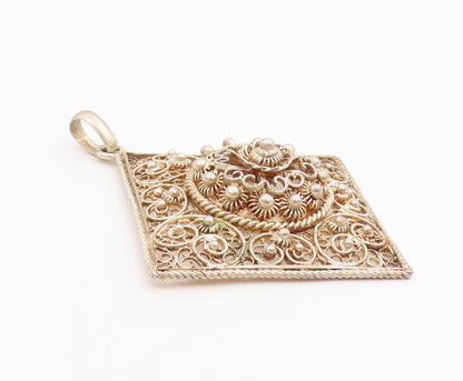 925 Sterling Silver Vintage Pendant TOPAZIO Intricate Floral Filigree  PT25679