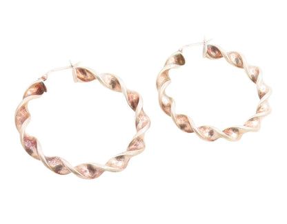 925 Sterling Silver Vintage Earrings Modernist Ribbon Twisted Hoops  EG14324