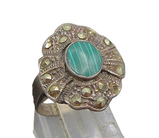 925 Sterling Silver  Vintage Floral Malachite & Marcasite Ring Sz 6  RG25283
