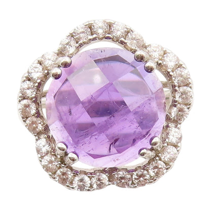 925 Sterling Silver Vintage Ring Amethyst & CZ Halo Floral Band  Sz 6  RG33731