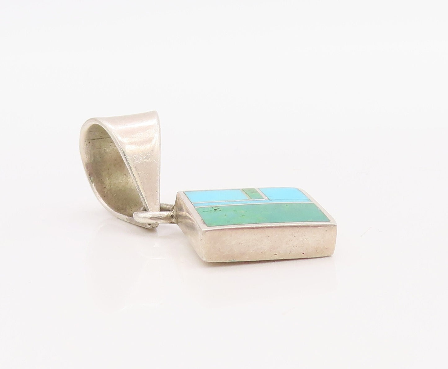 925 Sterling Silver Vintage Pendant NAVAJO Rectangular Inlay Turquoise  PT23494
