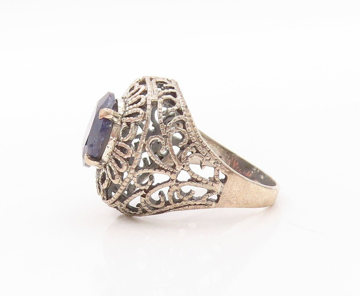 925 Sterling Silver Vintage Ring Floral Cutout Oval Sapphire  Sz 8  RG30204