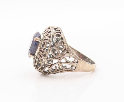 925 Sterling Silver Vintage Ring Floral Cutout Oval Sapphire  Sz 8  RG30204