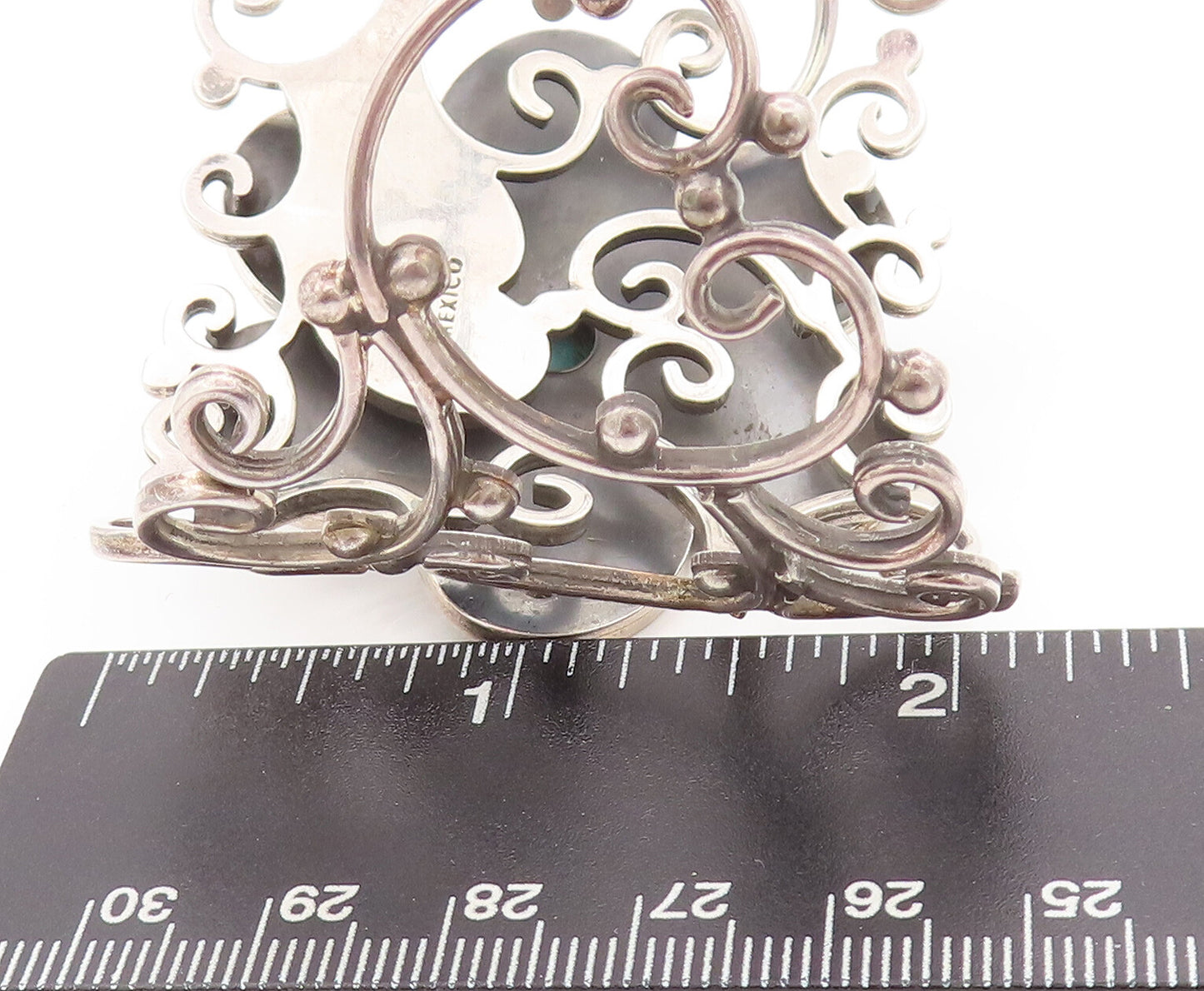 925 Sterling Silver Vintage Bracelet MEXICO Swirly Turquoise Flower Cut  BT10183
