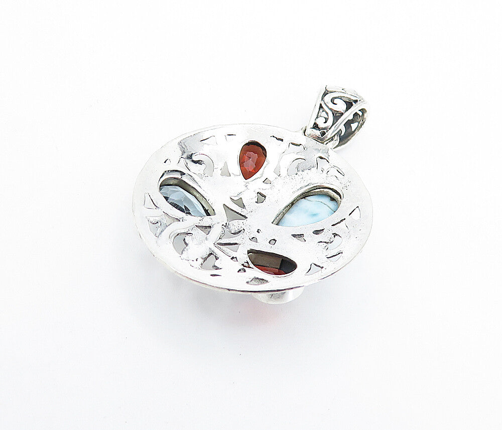 925 Sterling Silver  Larimar Garnet & Blue Topaz Round Swirl Pendant  PT5924