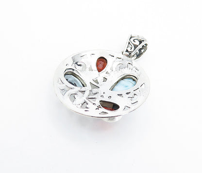 925 Sterling Silver  Larimar Garnet & Blue Topaz Round Swirl Pendant  PT5924