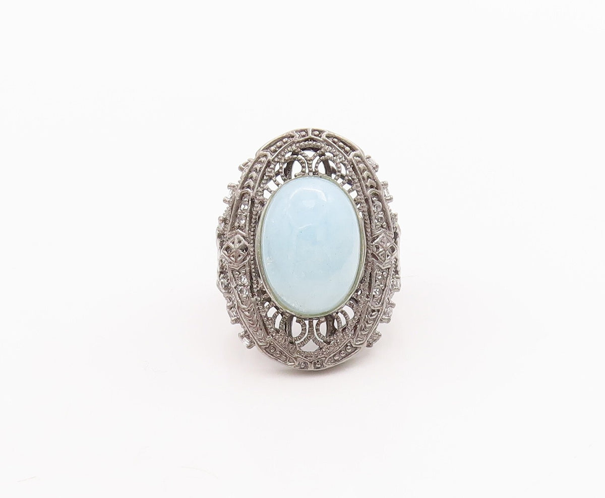 925 Sterling Silver Vintage Ring Cabochon Aqua Floral Carved Topaz Sz 7  RG29260