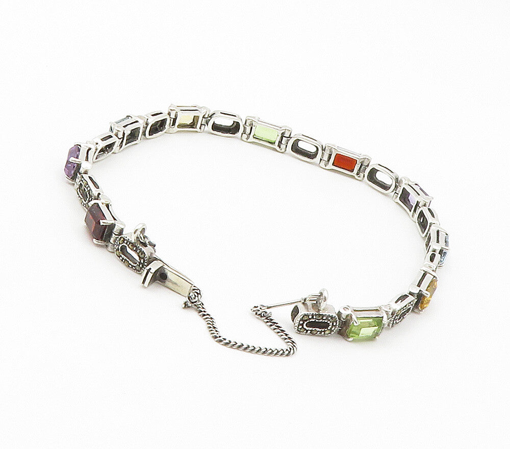925 Sterling Silver Peridot Topaz & Multi Stone Shiny Chain Bracelet BT6074