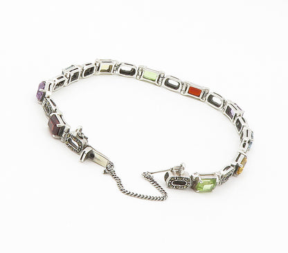 925 Sterling Silver Peridot Topaz & Multi Stone Shiny Chain Bracelet BT6074