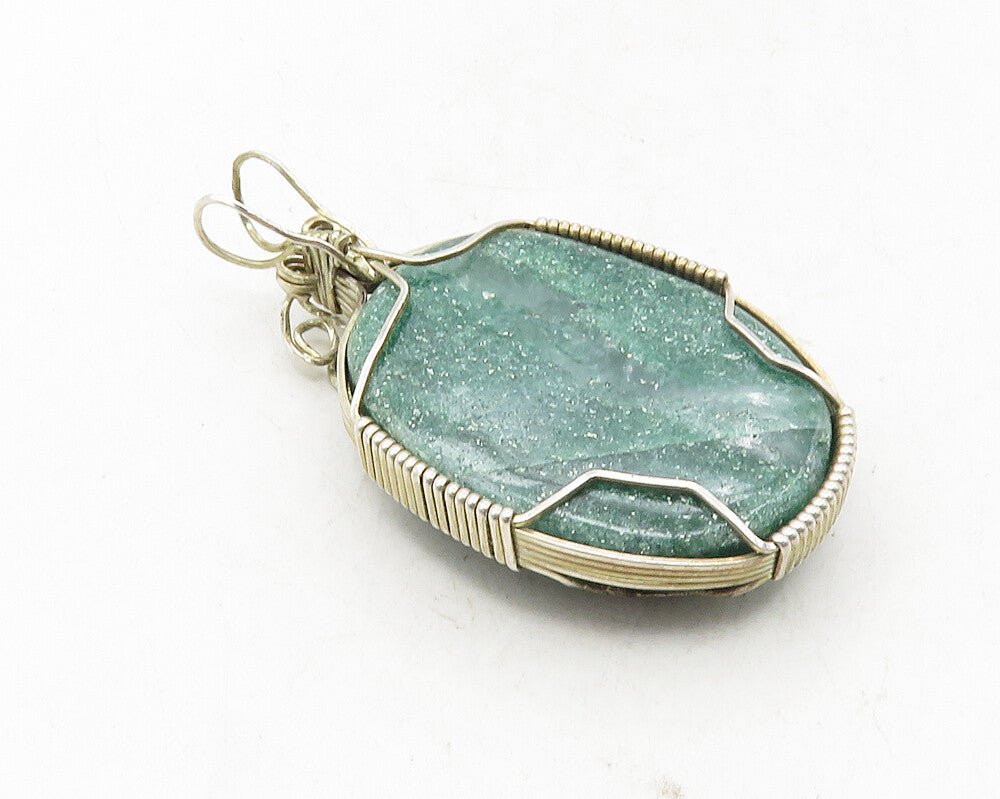 925 Sterling Silver  Vintage Aventurine Swirl Butterfly Detail Pendant  PT7718