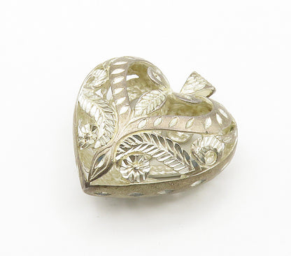 925 Sterling Silver  Vintage Shiny Etched Floral Love Heart Pendant  PT11982