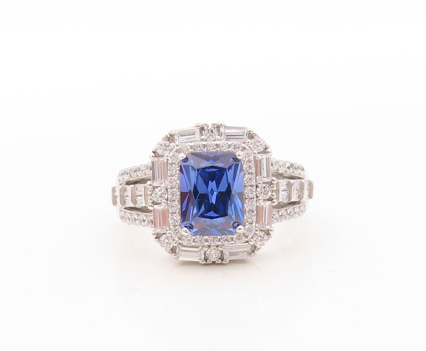 925 Sterling Silver Vintage Ring Designer Rectangle Sapphire & CZ  Sz 7 RG30895