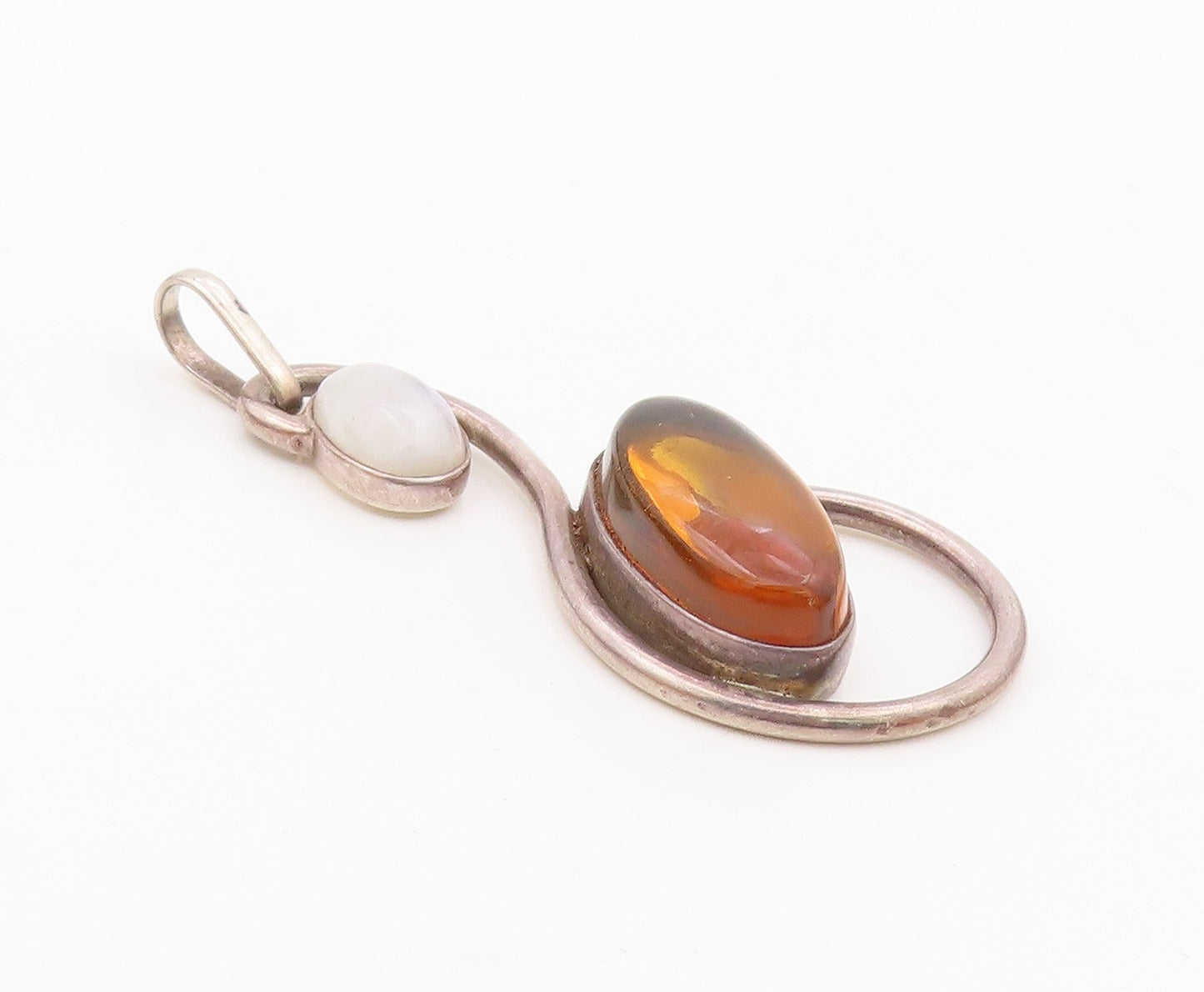 925 Sterling Silver  Cabochon Cut Amber & Moonstone Swirl Pendant  PT10774