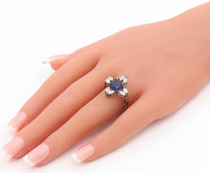 925 Sterling Silver Vintage Ring Blue & White Topaz Flower Band  Sz 8  RG35565